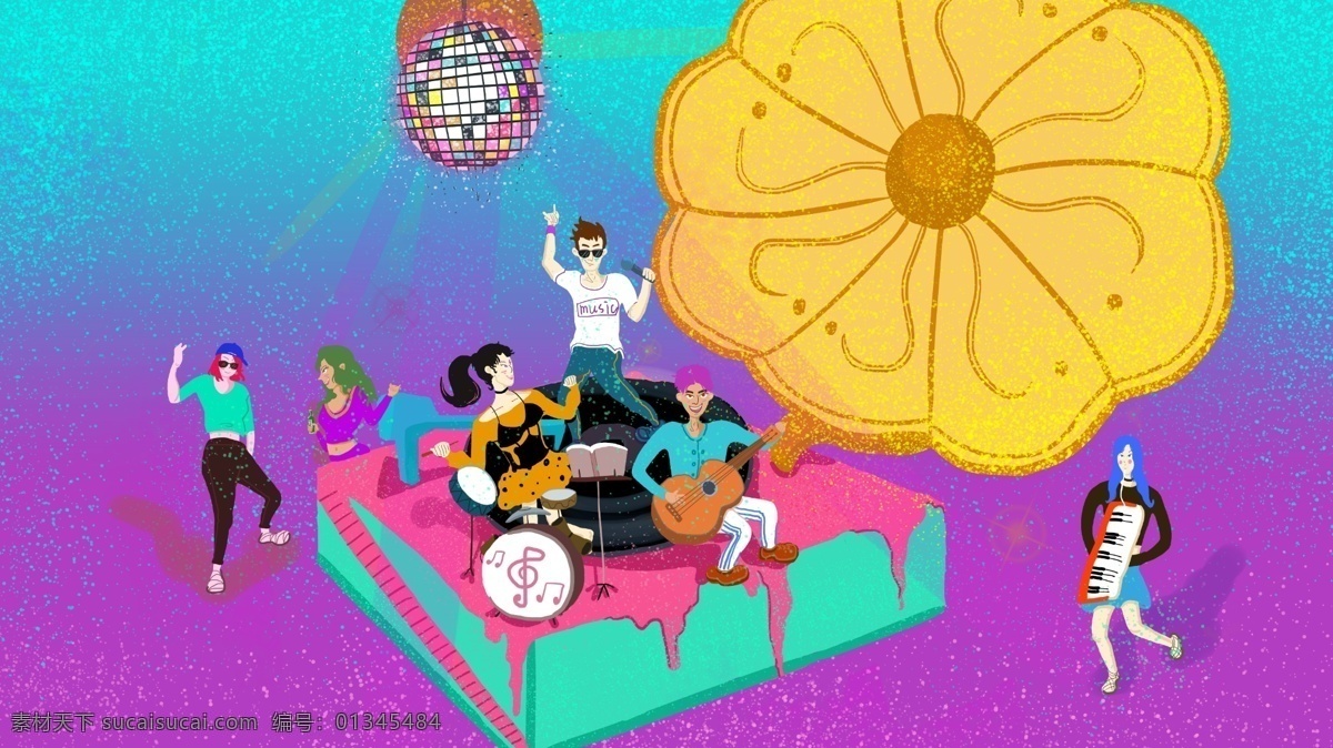狂欢 音乐节 原创 插画 动感 男孩 女孩 舞台 嗨皮 兴奋 激动 music festival 摇滚 disco 迪斯科 歌手 吉他 架子鼓