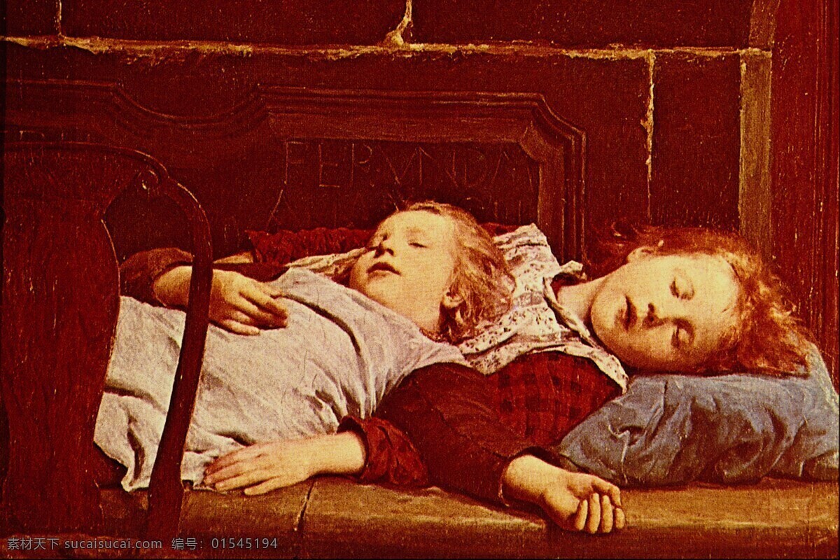 熟睡 国外油画 绘画书法 设计图库 文化艺术 枕头 两个 女孩 木床 家居装饰素材