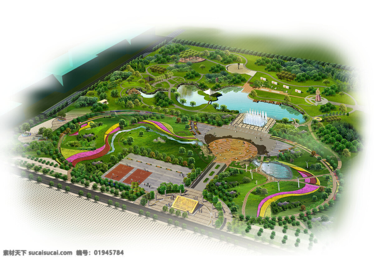 公园 鸟瞰图 树木 河 房 景观设计 环境设计