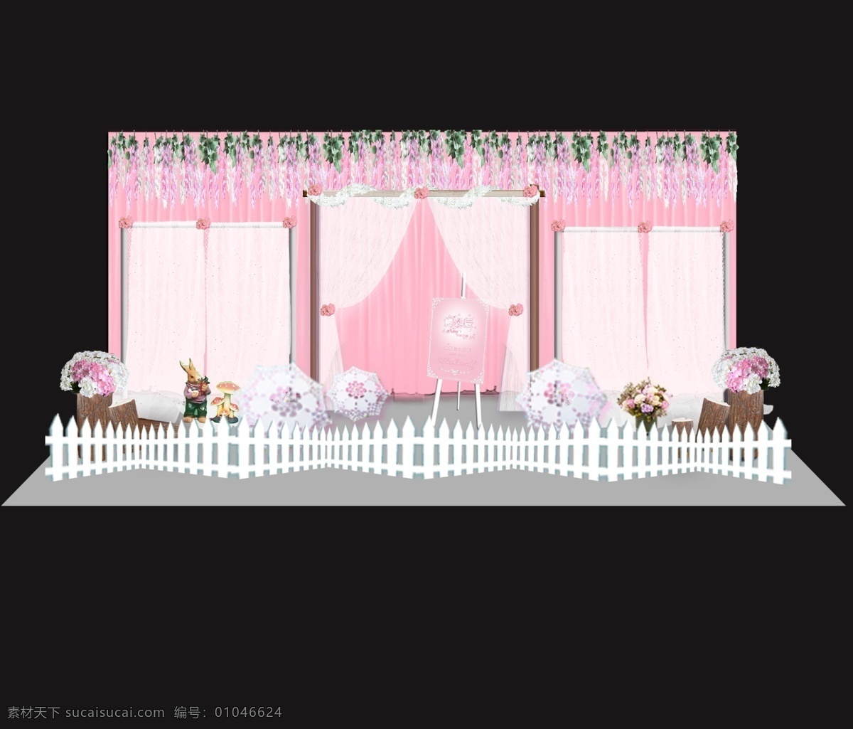 粉色 婚礼 留影 区 粉色婚礼 梦幻 留影区 吊兰 木桩 栅栏 蕾丝伞 兔子 蘑菇 花球 木架 绣球花 蕾丝布 水牌架子 黑色