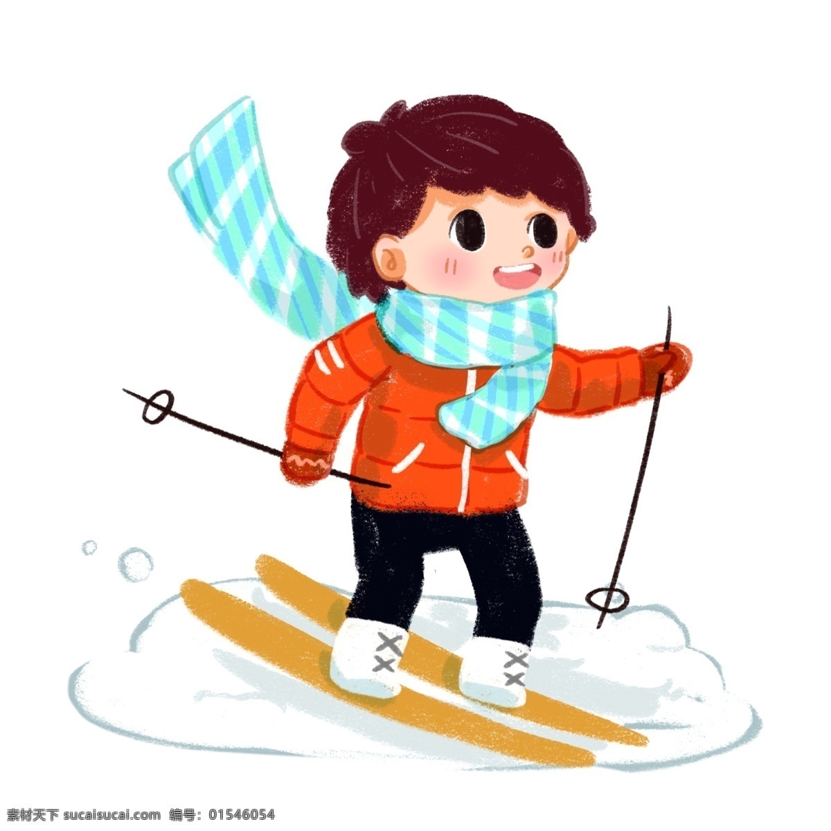 冬日 里 滑雪场 滑雪 阳光 男孩 冬天 冬季 雪 雪花 暖色调 可爱 卡通风 蜡笔 清新 壁纸 装饰 插画