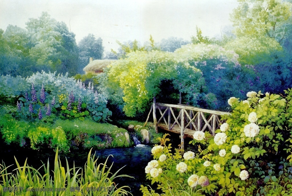 小桥流水 油画 装饰画 小木桥 蓝色小河 绿色草地 白色花朵 远处的森林