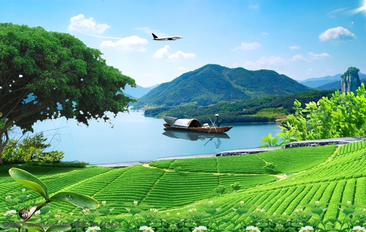 山水田园 茶园 小路 绿叶 青山 绿水 湖水 湖面 小船 撑船 船桨 船夫 茉莉 茉莉花 蜗牛 水滴 水珠 露珠 大树 飞机 飞行 蓝天 白云 天空 太阳 光线 光芒 光晕 远山 山水画 风景画 石块 石头 倒影 风景素材 风景 源文件