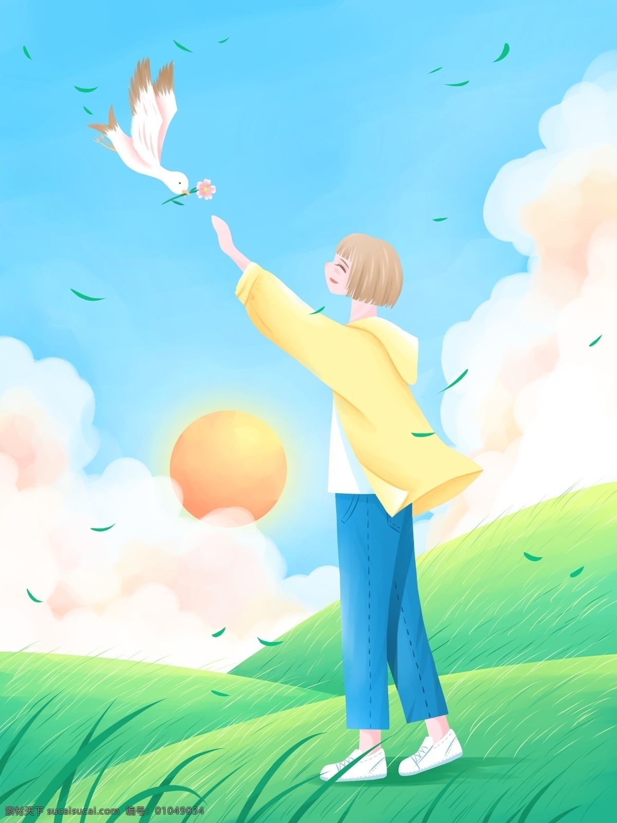蓝色 简约 小 清新 女孩 小鸟 草坪 背景 彩绘 海鸥 小清新 郊外
