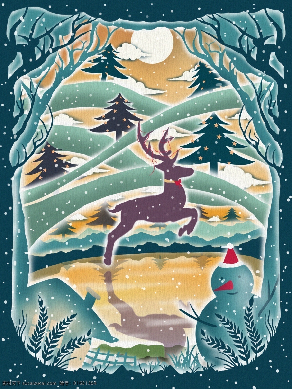 圣诞节 森林 中 跳跃 小鹿 剪纸 治愈 风 插画 剪纸风 圣诞树 雪人 鹿