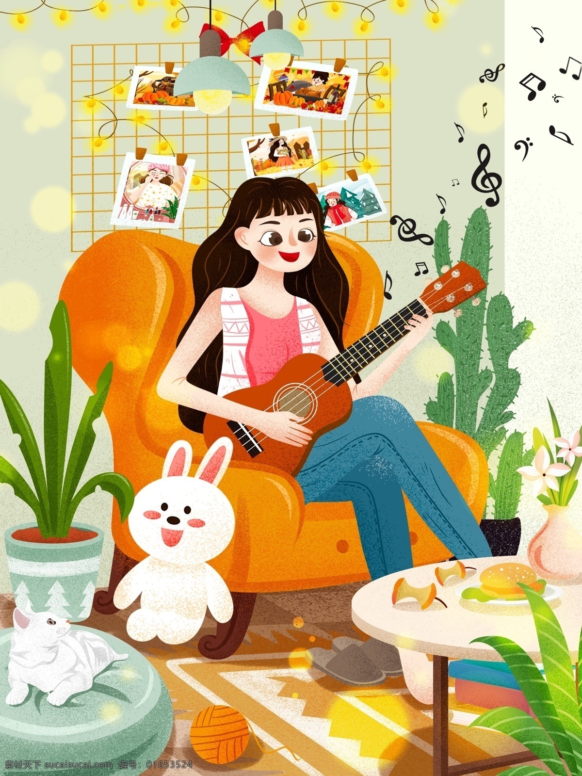 温馨 肥 仔 生活 女孩 居家 弹 吉他 插画 人物插画 沙发 桌子 盆栽 肥宅生活 宅 快乐 时光 宅家里 宅女 宅生活 居家生活插画 生活插画 单身女孩 单身生活 少女 公仔 布娃娃 猫咪 毛线球 弹吉他女孩