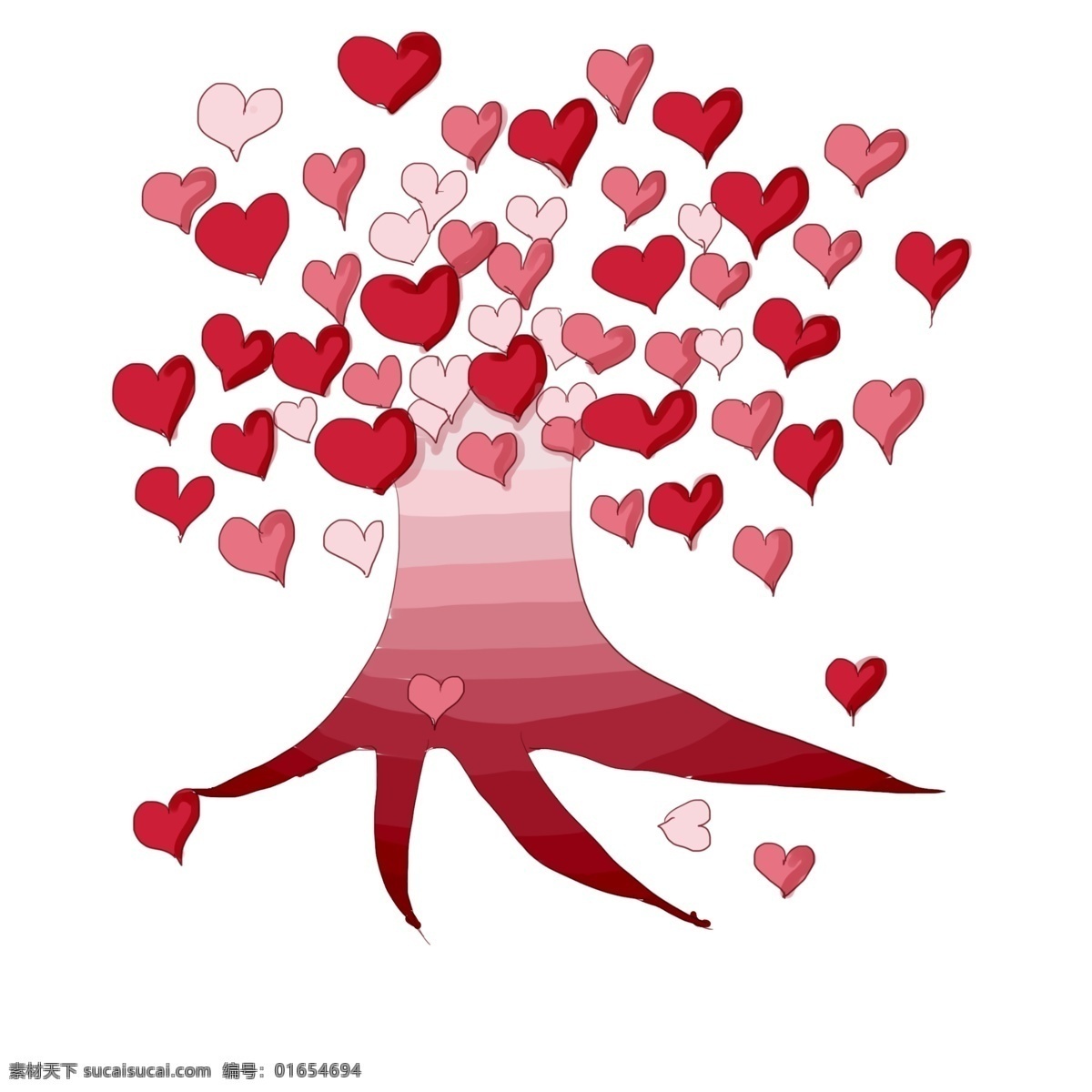 手绘 卡通 爱 心树 插画 手绘爱心树 树木 红色爱心树 红色爱心 粉色爱心 树上的爱心 飘落的爱心