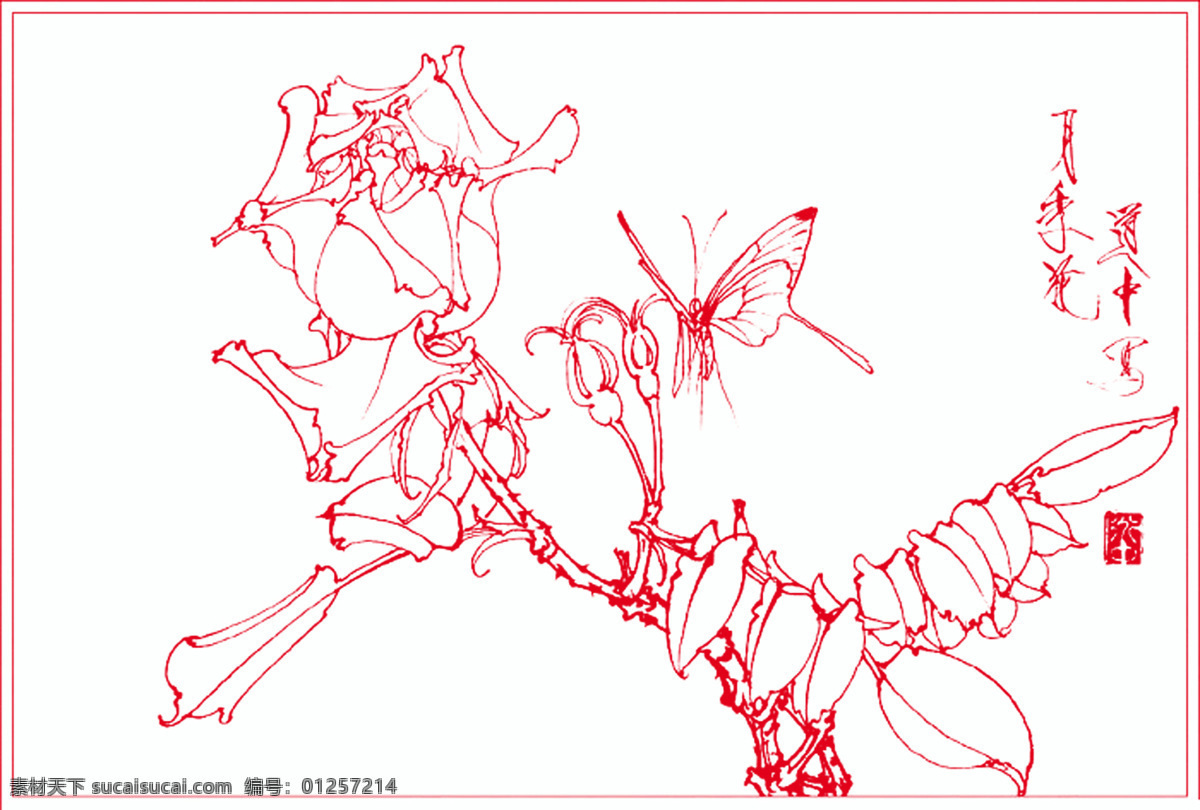 白描 线描 绘画 书画 花草白描 花草线稿 草虫 花草 蝴蝶 绘画书法 文化艺术