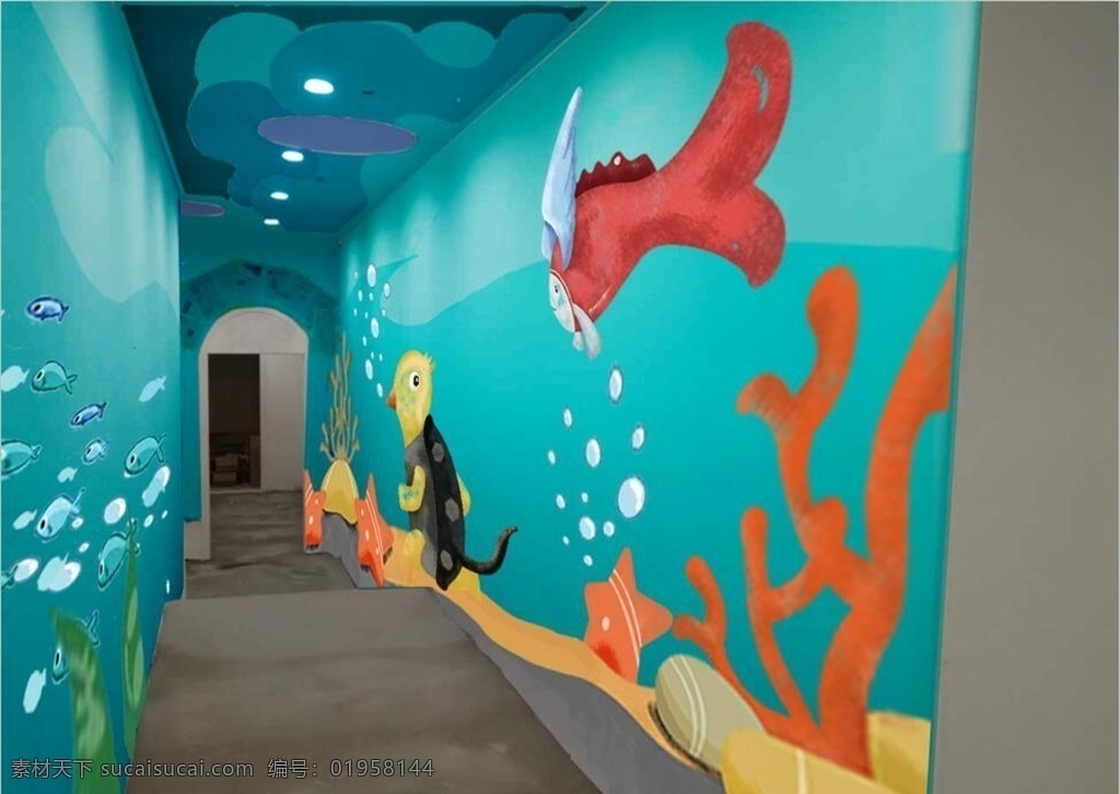 游泳馆 海底 世界 墙 绘 海底世界彩绘 亲子游泳馆 墙绘 彩绘 飞鱼 卡通海底世界 室内广告设计