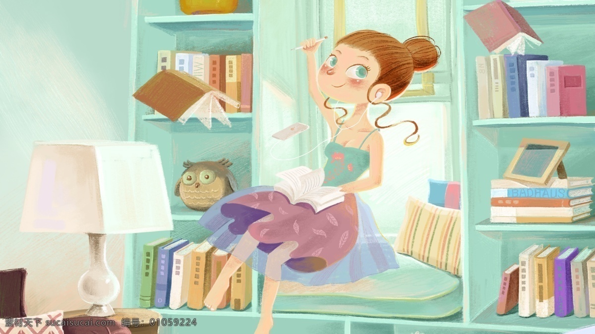 手绘 薄荷 绿色 调 可爱 女孩 读书 薄荷绿 粉色 书本 抱枕 地毯 台灯 配图 壁纸