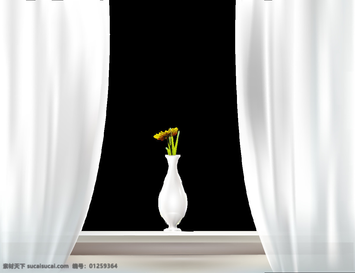 白色 窗户 花瓶 元素 png元素 窗帘 免抠元素 透明素材 植物