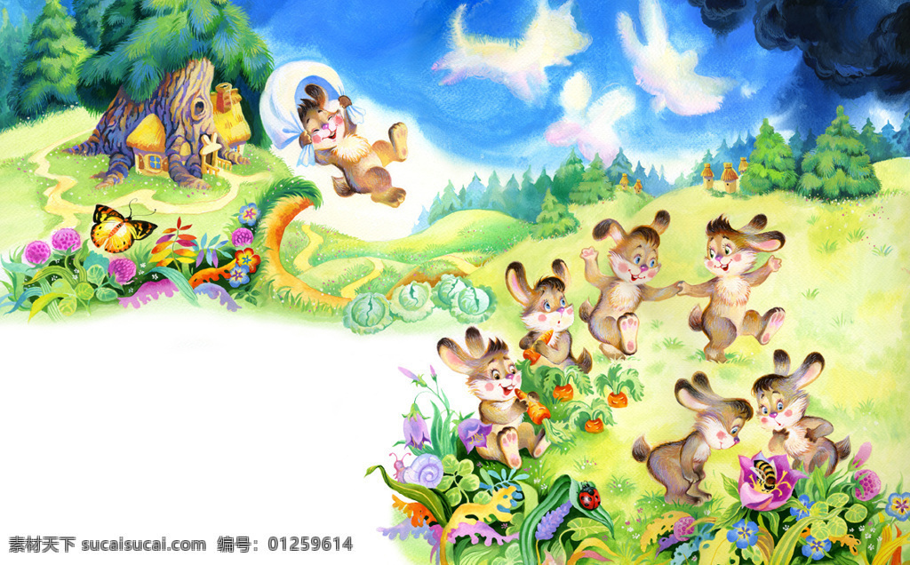 童话故事 兔子 儿童绘本 小兔子 草地 森林 大自然 蓝天白云 幻想 手绘 插画 插图 动漫动画 动漫人物