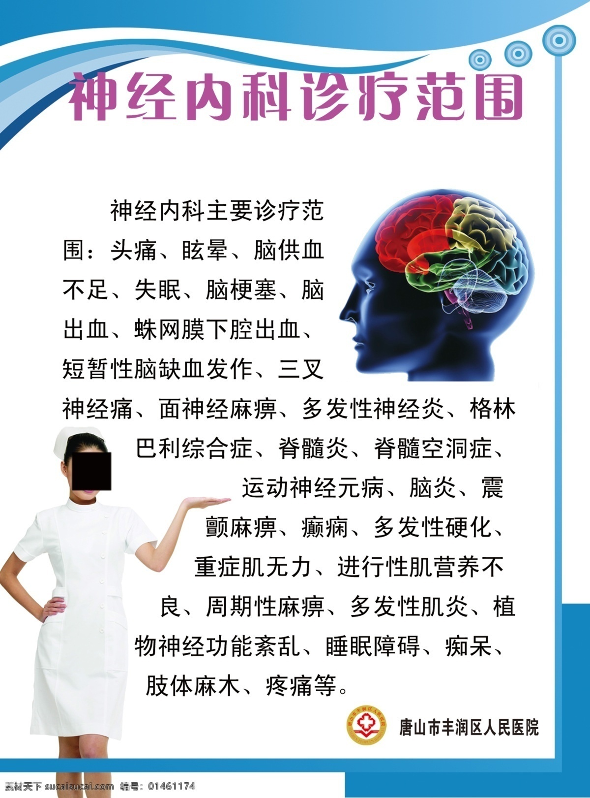 神经内科 诊疗 范围 医院展板 护士图片 大脑图片 蓝色背景 医院 分层 源文件