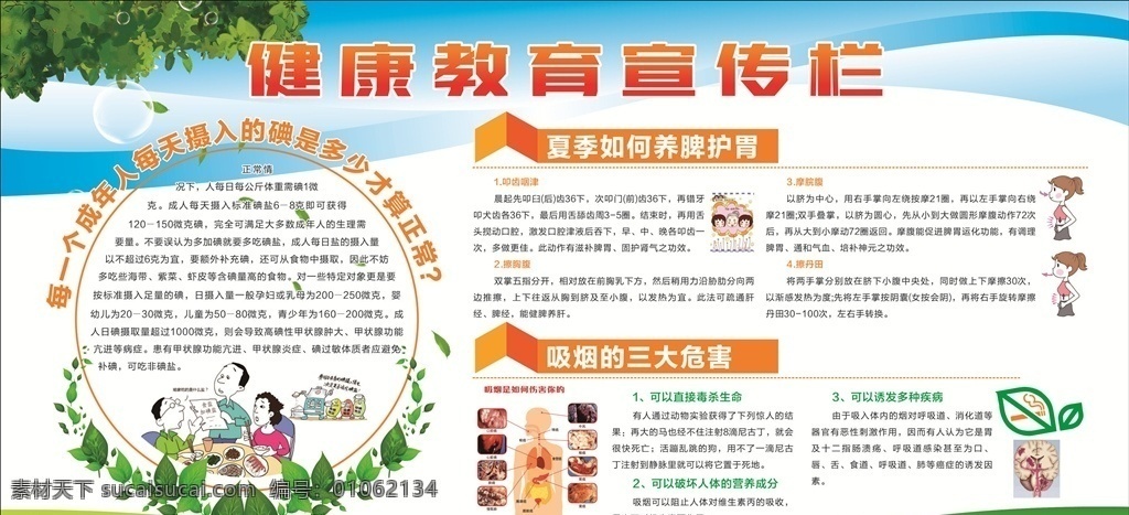 健康教育 宣传栏 绿叶 人物 养胃 吸烟危害 背景 夏季 展板模板