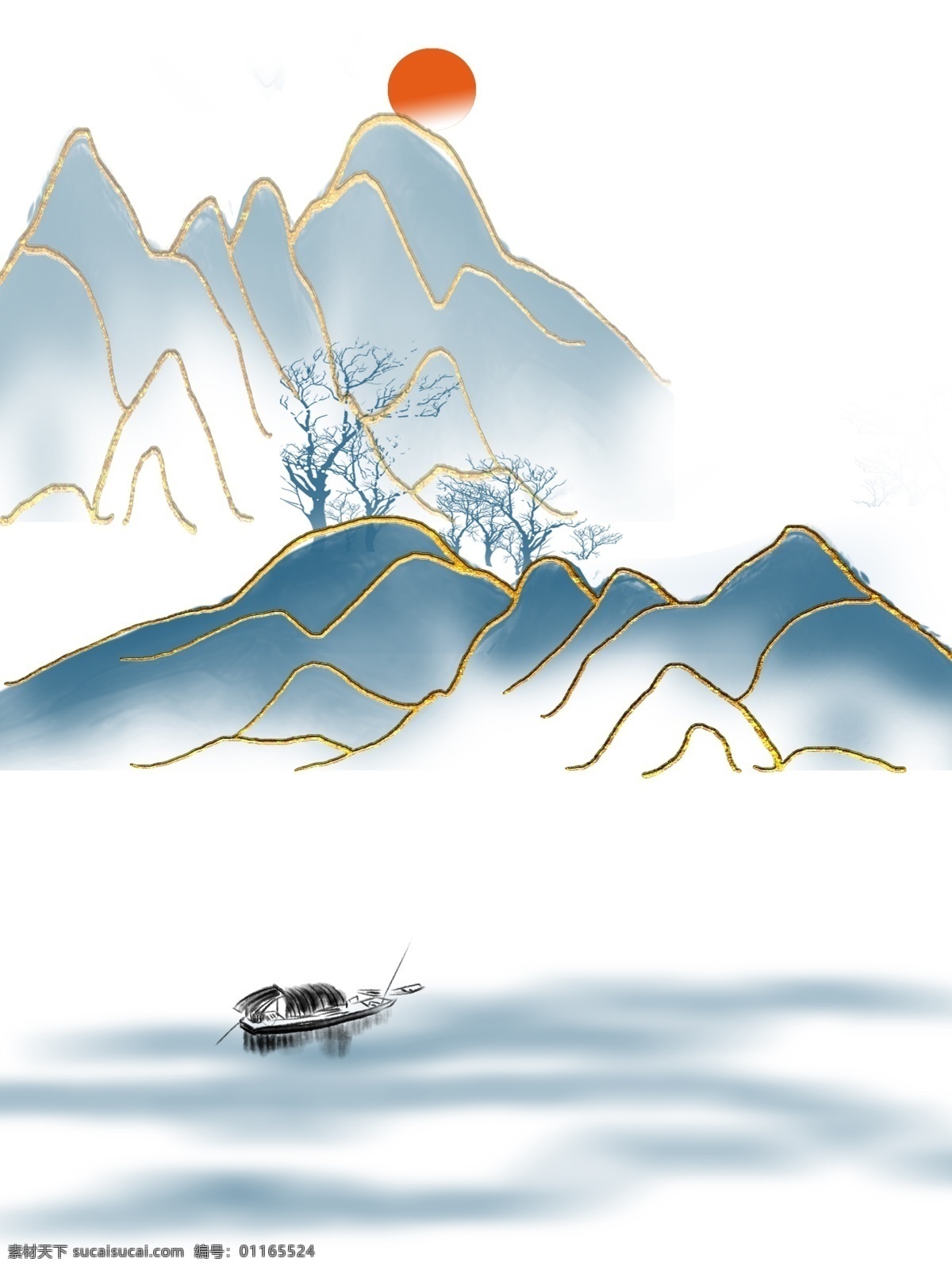 简约 金边 创意 山水风景 客厅 装饰画 日出 一联画 金边山水 客厅装饰画 小船