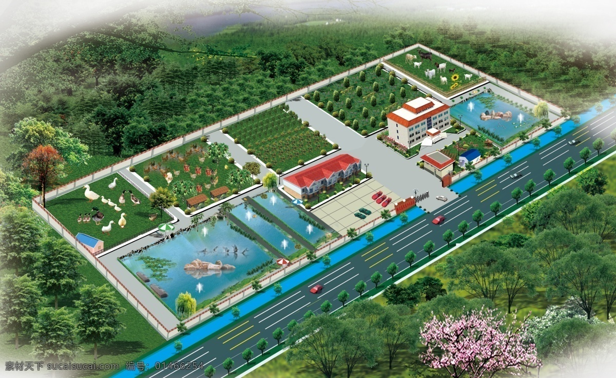 生态园鸟瞰图 花 草 餐厅 楼房 汽车 鱼塘 分层