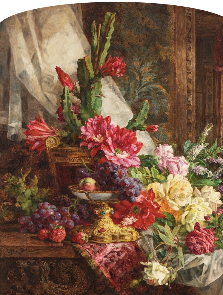 静物油画 葡萄 草莓 梨 黄金托盘 混搭鲜花 19世纪油画 油画 绘画书法 文化艺术