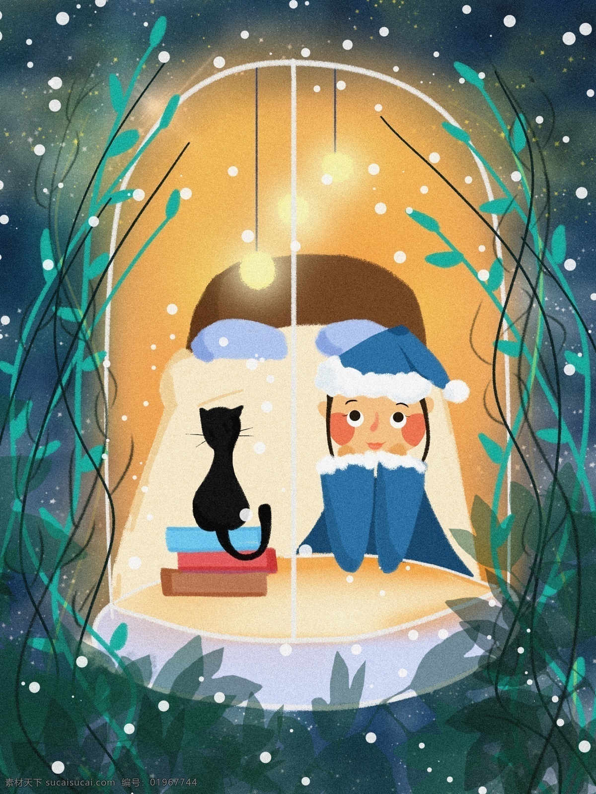 治愈 小 清新 晚安 世界 可爱 卡通 插画 小清新 植物 灯光 晚安世界 夜晚 下雪 安静 绿植 温馨 女孩 猫 书 晚上 窗户 配图 儿童画 绘本