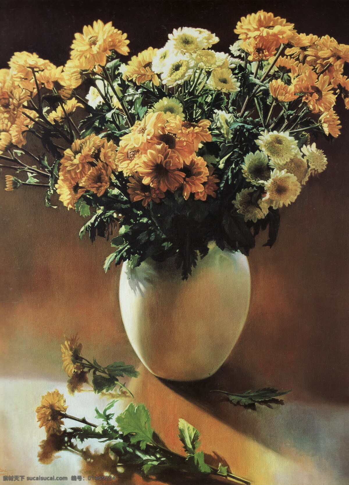 草 瓷器 花 花朵 花卉油画 花瓶 绘画书法 菊花 油画 西方油画 世界名画 英国油画 经典油画 鲜花 桌子 陶罐 文化艺术 装饰素材