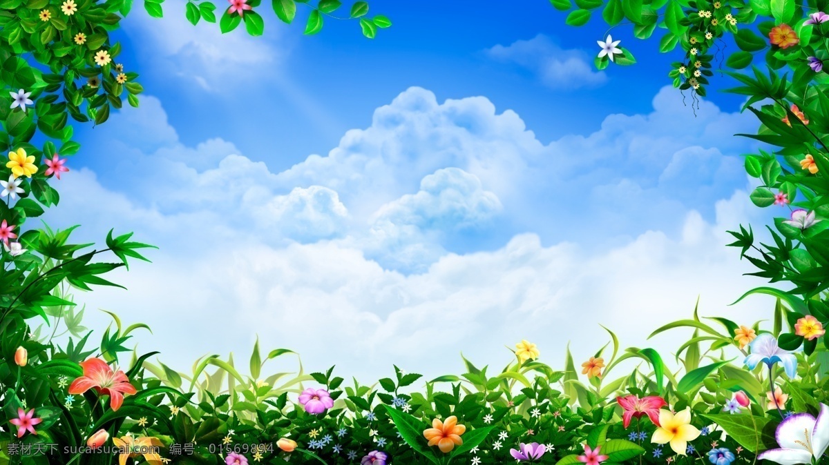 美丽 花边 蓝天 白云 背景 蓝天白云 天空 云彩 云层 太阳 云朵 鲜花 边框 美丽风景 背景素材 分层 自然景观 绿色