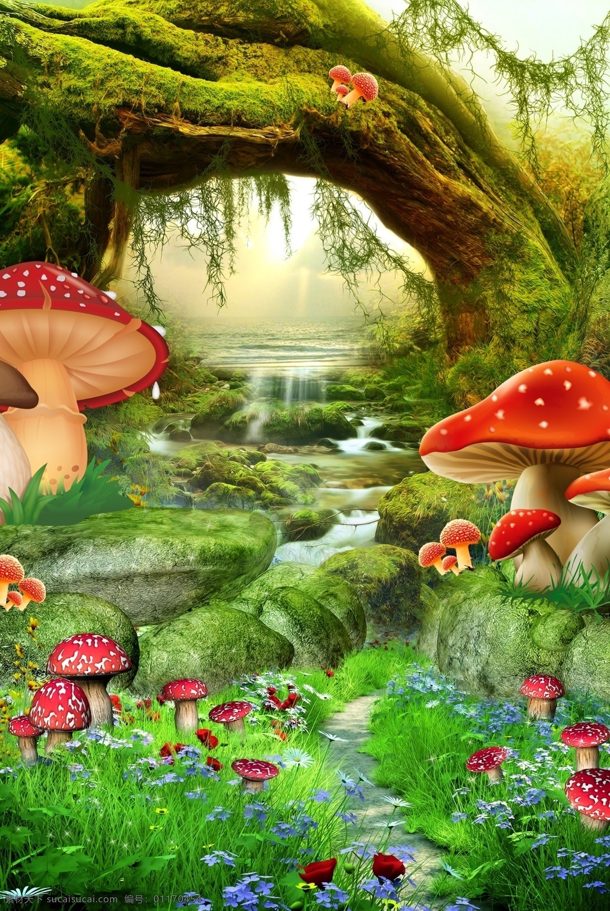 森林蘑菇小溪 森林 蘑菇 小溪 影楼背景素材 卡通背景