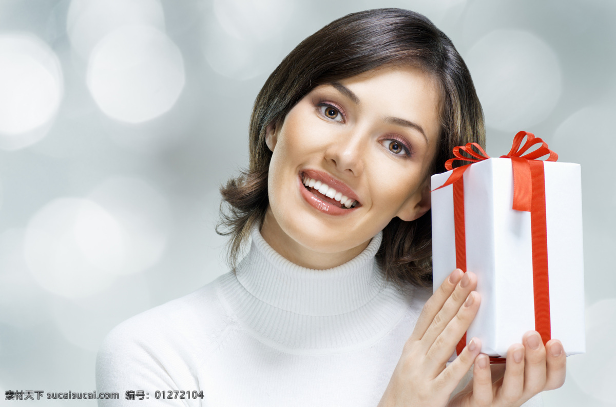 礼物图片素材 物品 礼物 精美礼盒 人物 女性 微笑 开心 红色丝带 美女图片 人物图片