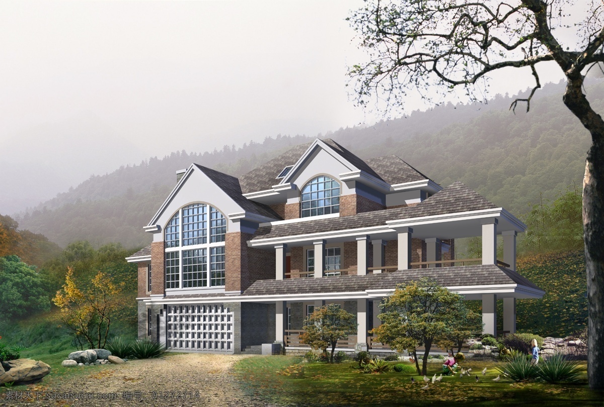 别墅 景观设计 效果 鸽子 石头 山峰 鲜花 草地 树木 房屋 建筑物 灰白色天空 环境设计