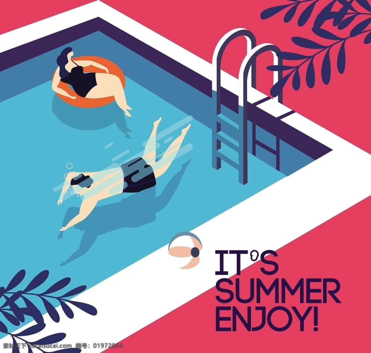 夏日 度假 矢量 元素 红色蓝色背景 酒店 情侣度假 泳池