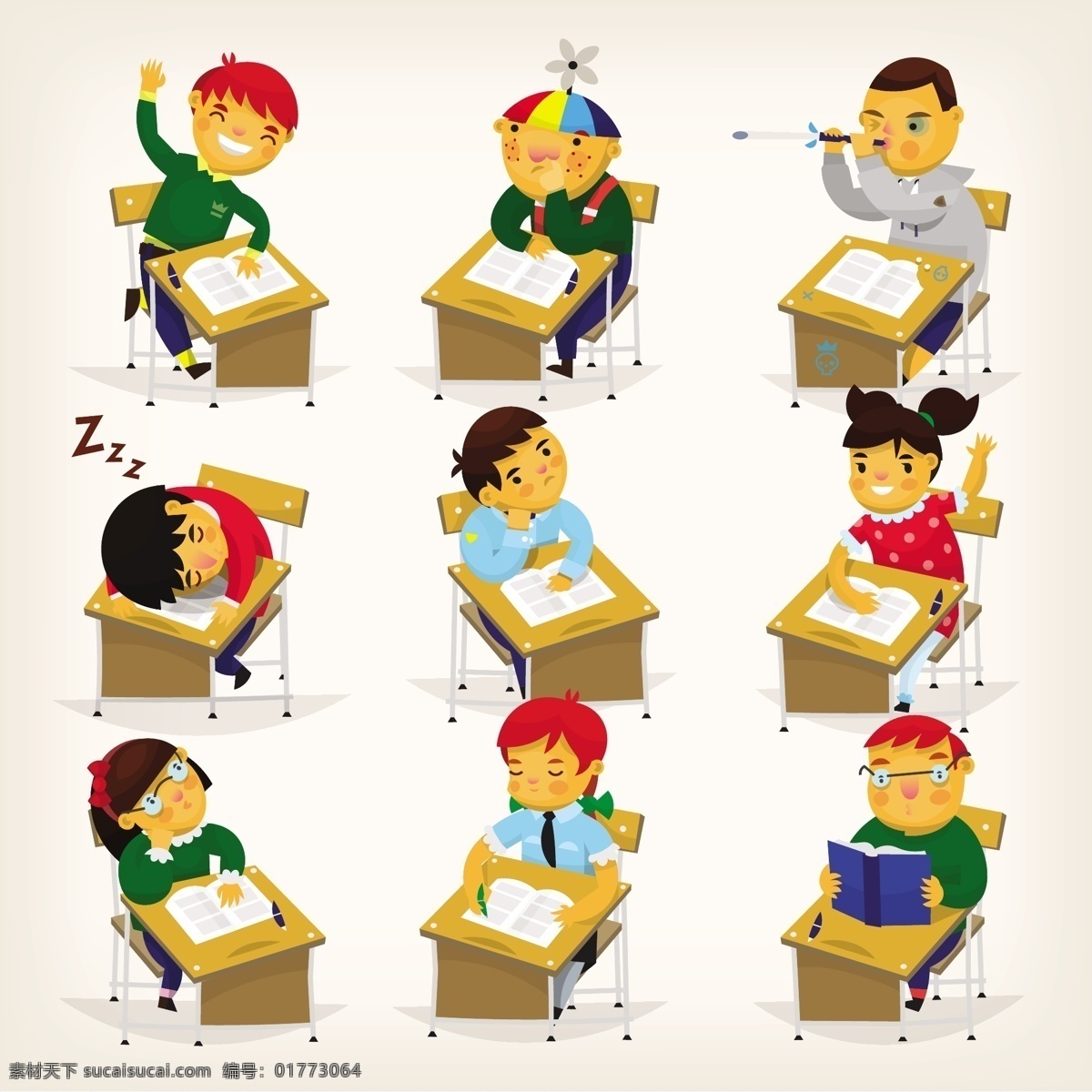 上课 小学生 矢量 学生 睡觉 睡午觉 书呆子 玩耍 卡通 卡通人物
