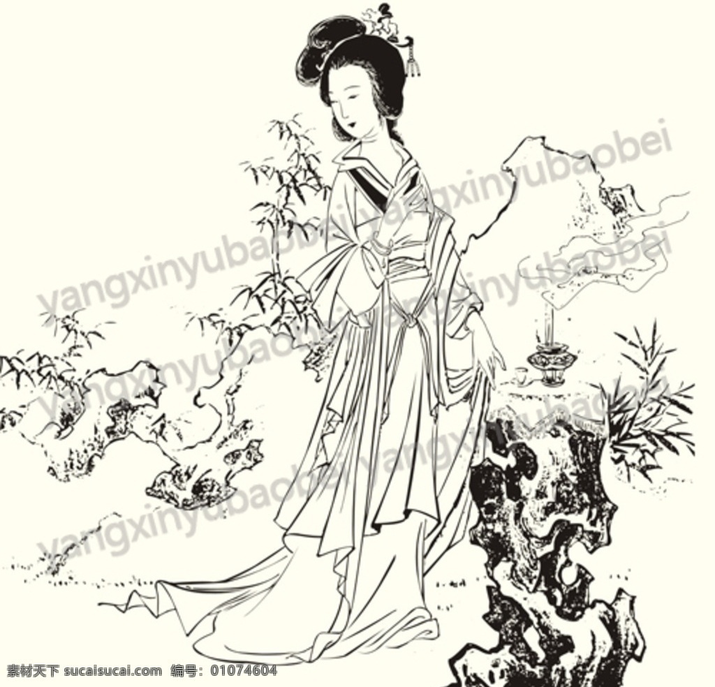古代美女 仕女 矢量美女 黑白 古典美女矢量 文化艺术