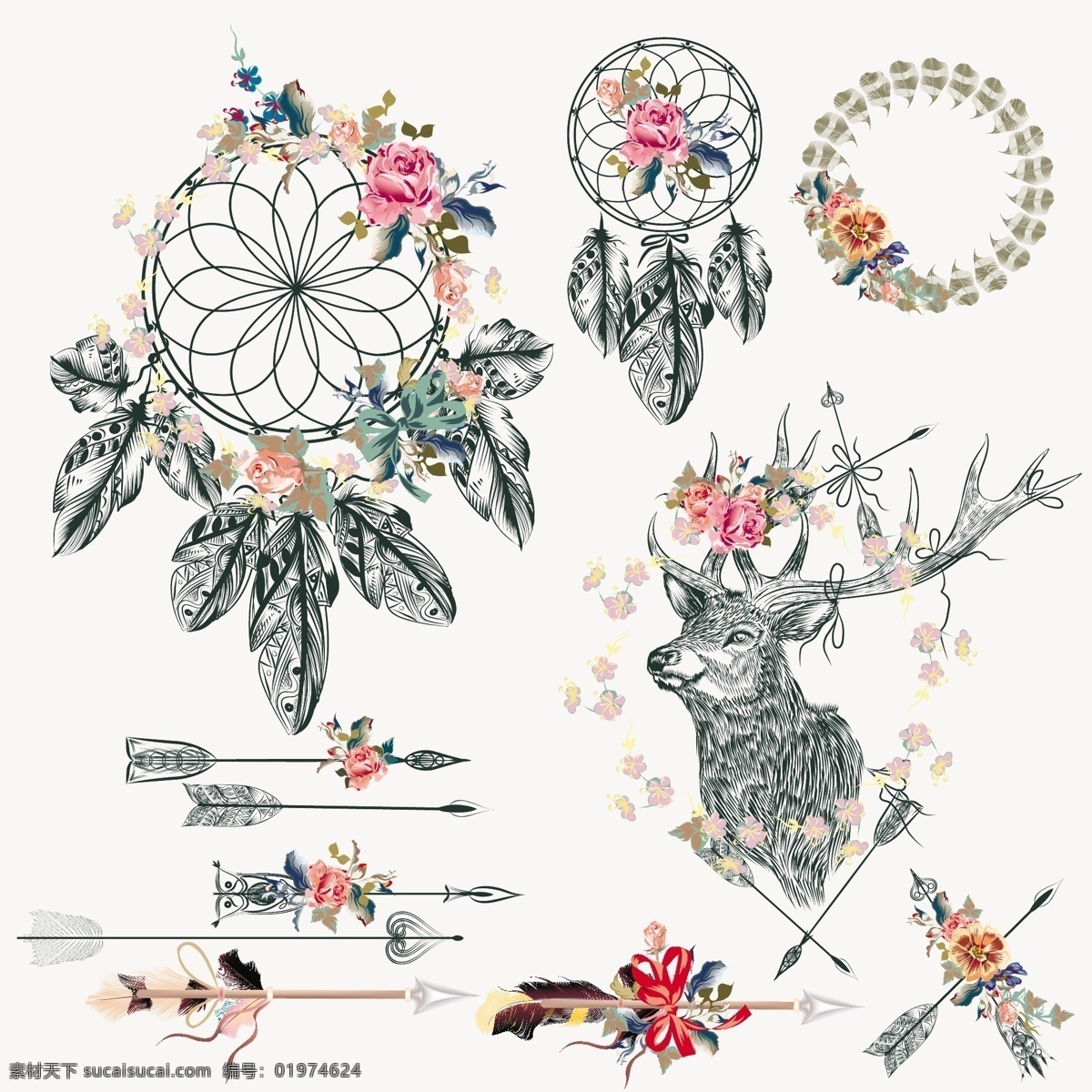 波希米亚 元素 集合 花卉 抽象的 一方面 动物 手绘 饰品 鹿 羽毛 装饰 印度 绘画 民族元素 花饰 梦想 部落 观赏