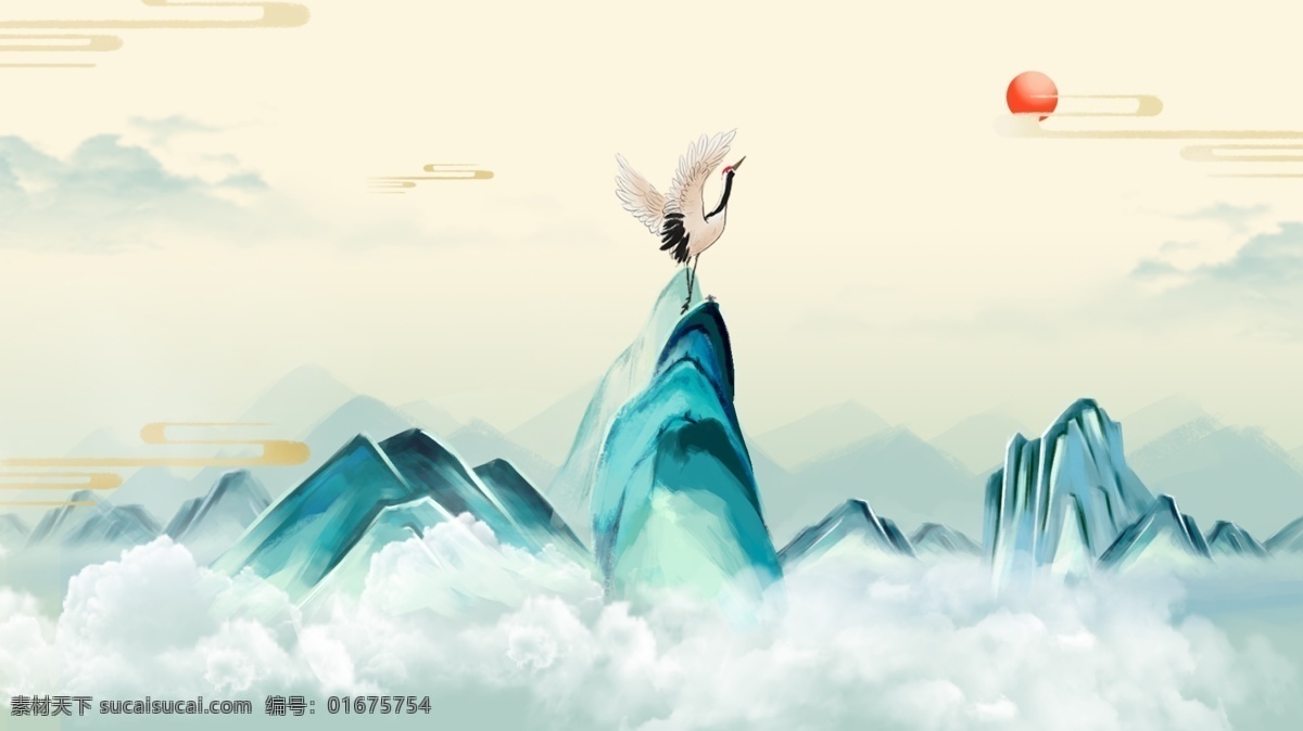 山水 国风 传统 插画 卡通 背景 古风背景 分层 背景素材