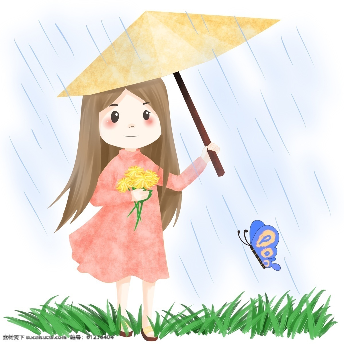 清明节 撑伞 花 女孩 插画 黄色的雨伞 撑伞的女孩 蓝色蝴蝶 下雨天气 清明节插画 节日 绿色的草地 黄色的鲜花