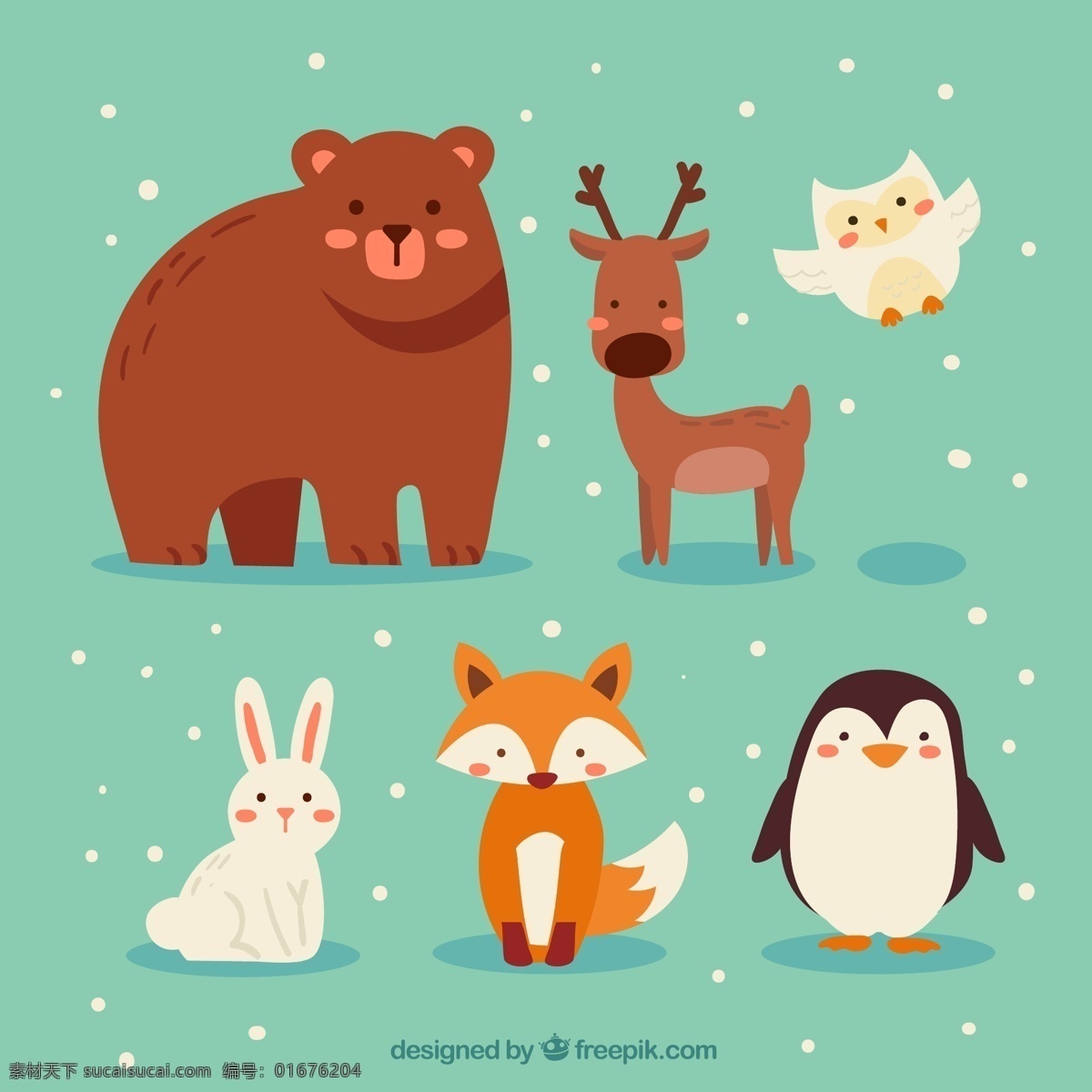 款 可爱 雪 中 动物 熊 驯鹿 猫头鹰 鸟 兔子 狐狸 企鹅 冬季 雪花 文化艺术 绘画书法