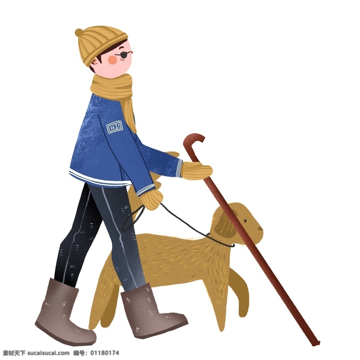 手绘 冬天 散步 男孩 导 盲 犬 商用 元素 卡通 插画 小清新 冬季 走路 导盲犬 残疾人