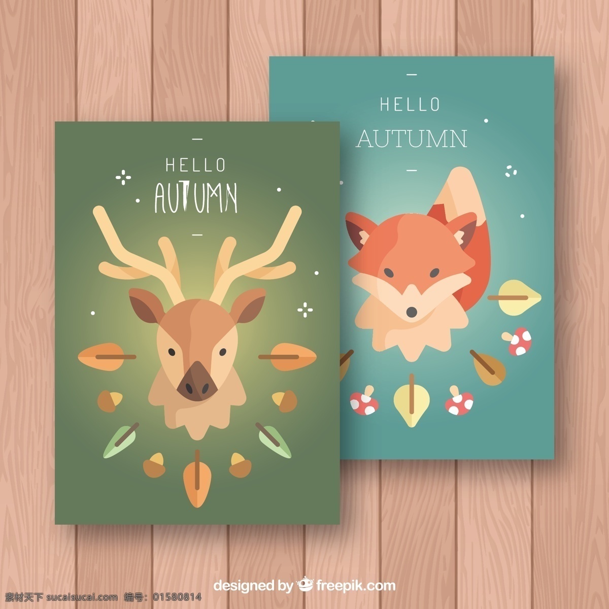 带 鹿 狐狸 秋 牌 卡片 模板 树叶 自然 脸 可爱 秋天 动物 五颜六色 平 现代 平面设计 有趣