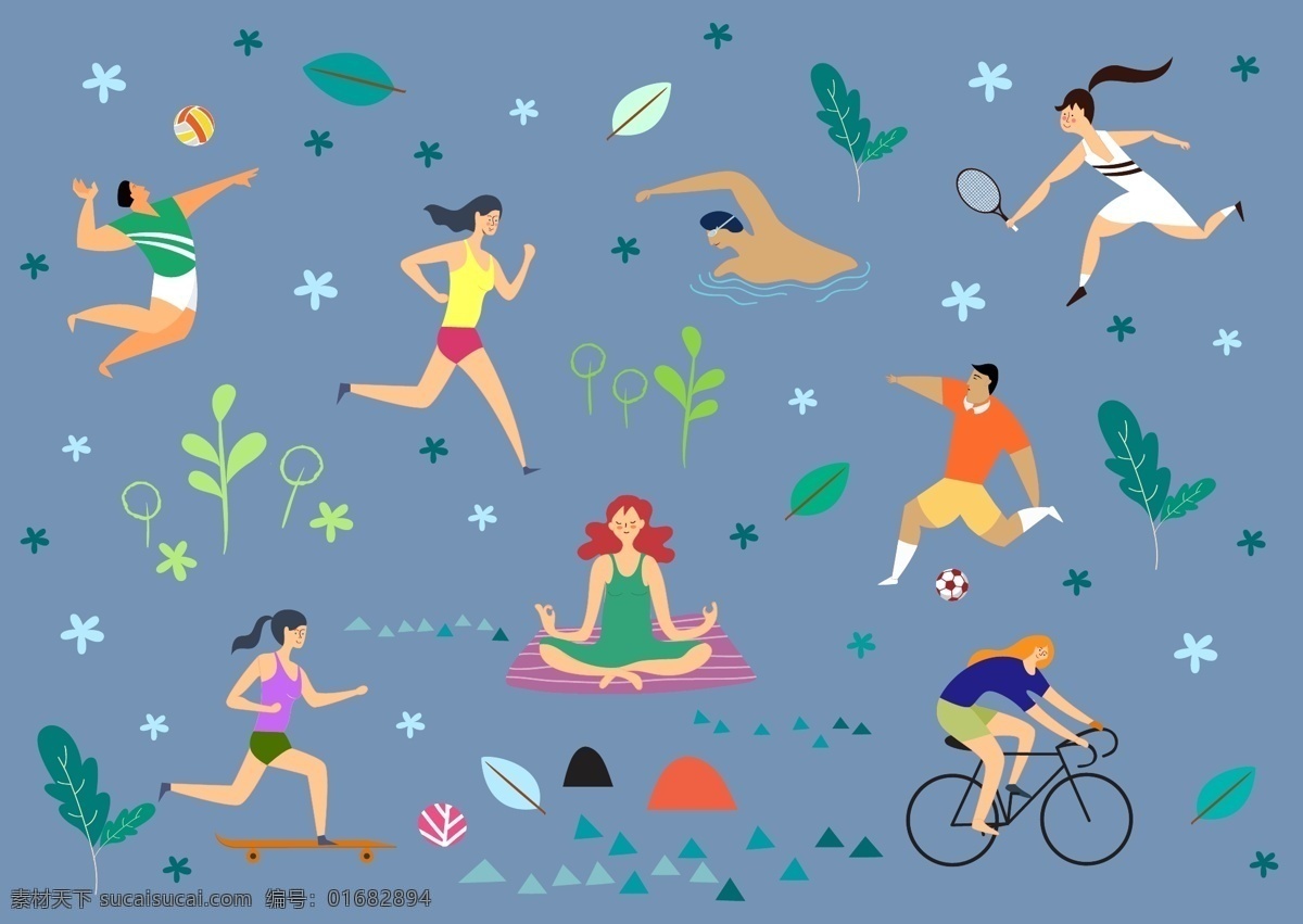 7款创意户外 运动人物设计 矢量素材 花卉 树叶 排球 跑步 游泳 瑜伽 足球 网球 单车 滑板 男子 女子 树木 创意 户外 运动 人物 矢量图 ai格式