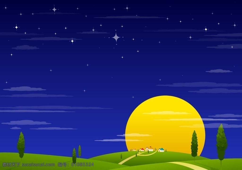 夏天风景素材 插画 卡通 背景 月亮 星星 云 夜空 夜晚 草地 草原 山丘 树 小路 星空 满月 源文件