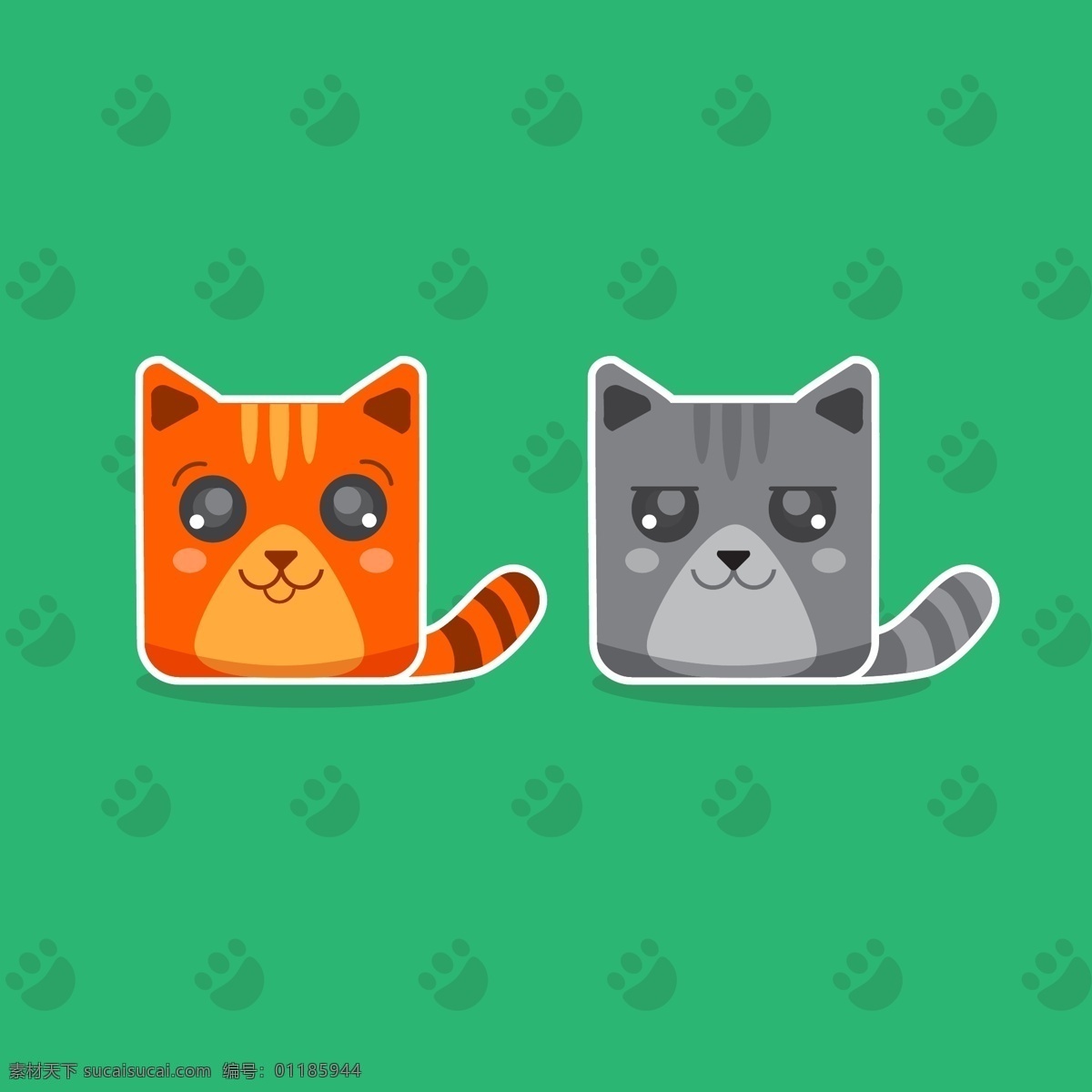 两 只 可爱 猫 贴纸 动物 卡通 印刷 足迹 动物印刷 包装 可爱的动物 卡通动物 青色 天蓝色