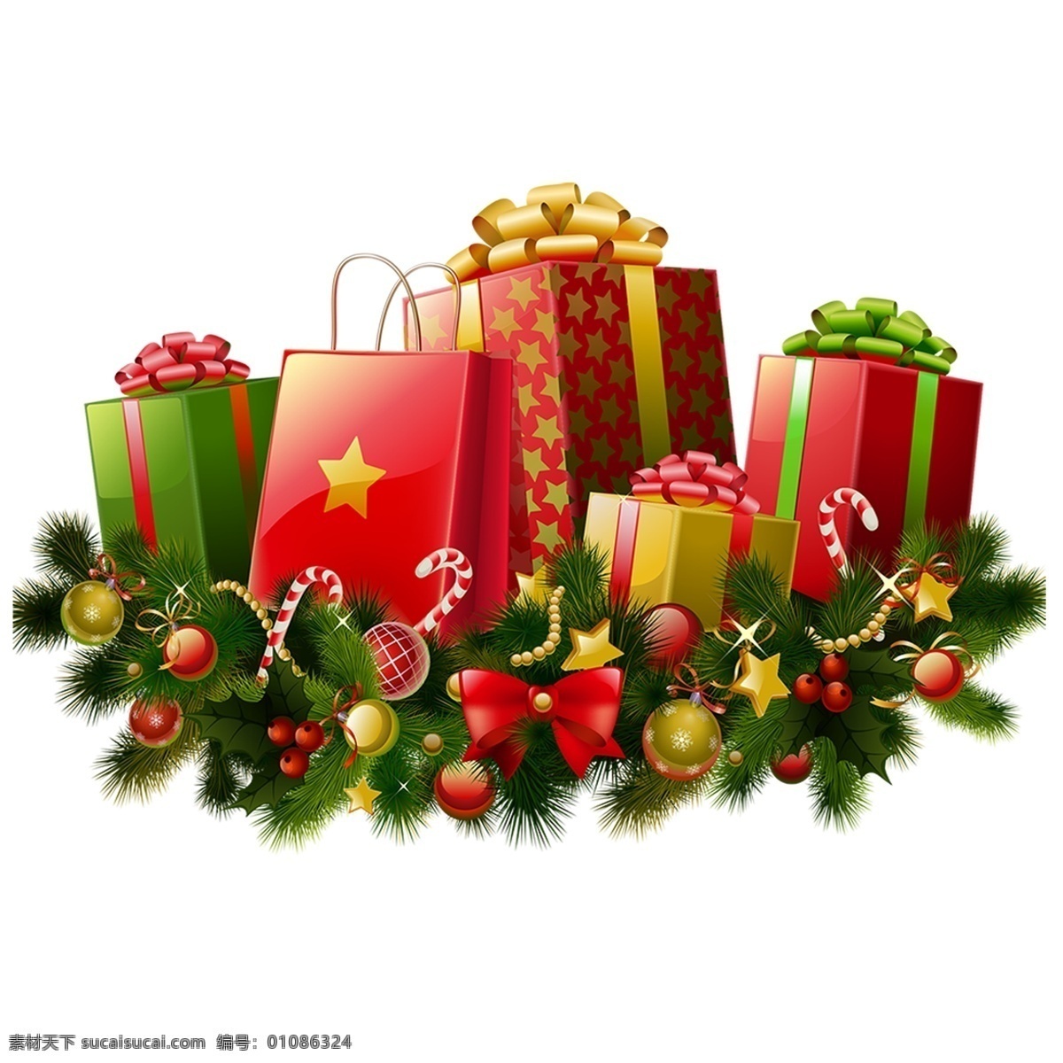 卡通 圣诞 礼物 彩色 铃铛 蝴蝶结 礼物盒 装饰素材