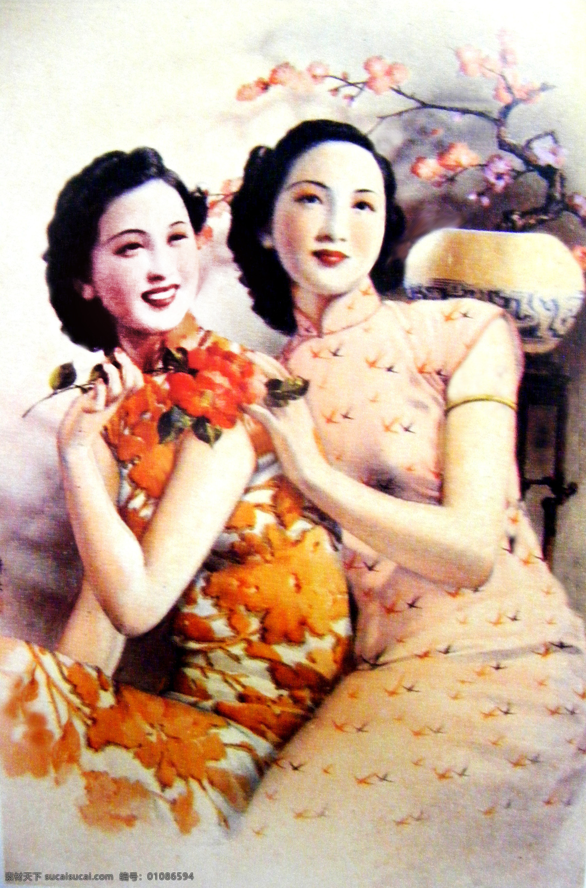 老上海月份牌 老上海 月份牌 美女 旗袍 旗袍美女 姐妹花 文化艺术 绘画书法 设计图库