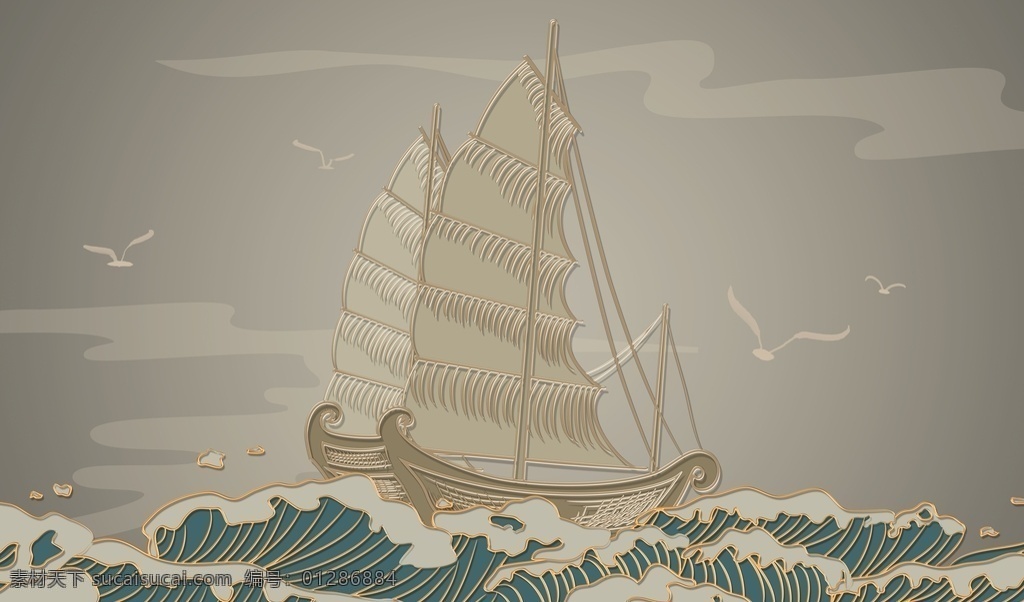 一帆风顺图片 壁纸 壁画 框画 浮雕 轻奢 现代 奢华 大海 帆船