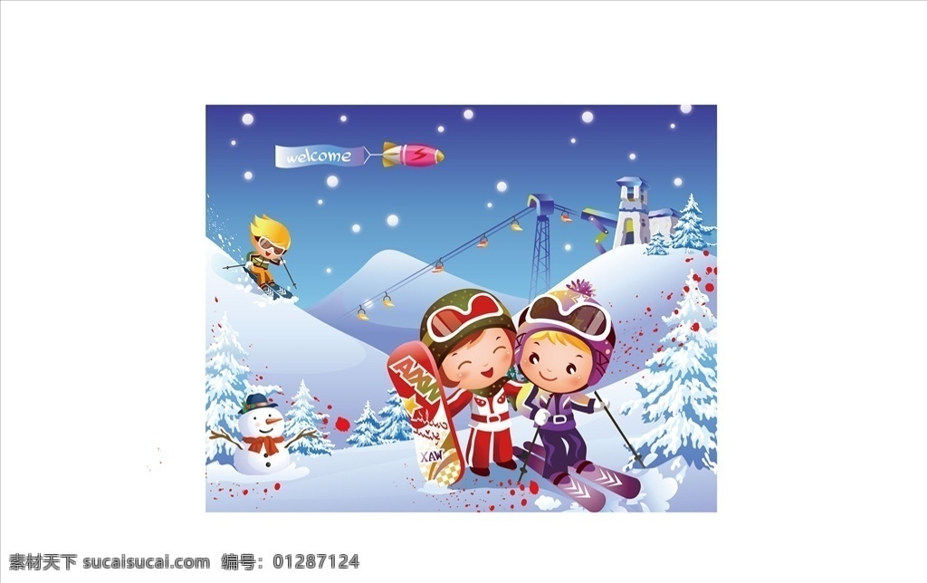 滑雪小孩 雪景 下雪 雪人 冬天 雪松 素材大全 卡通设计