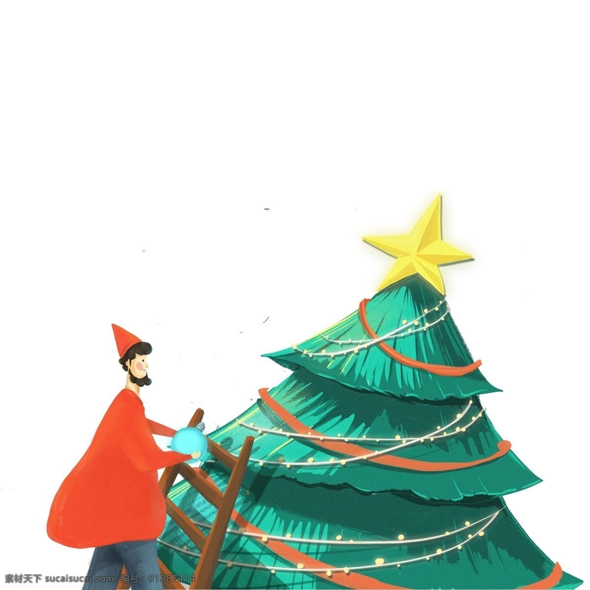 圣诞节 装饰 圣诞树 男人 简约 人物 星星 卡通 梯子 装饰设计