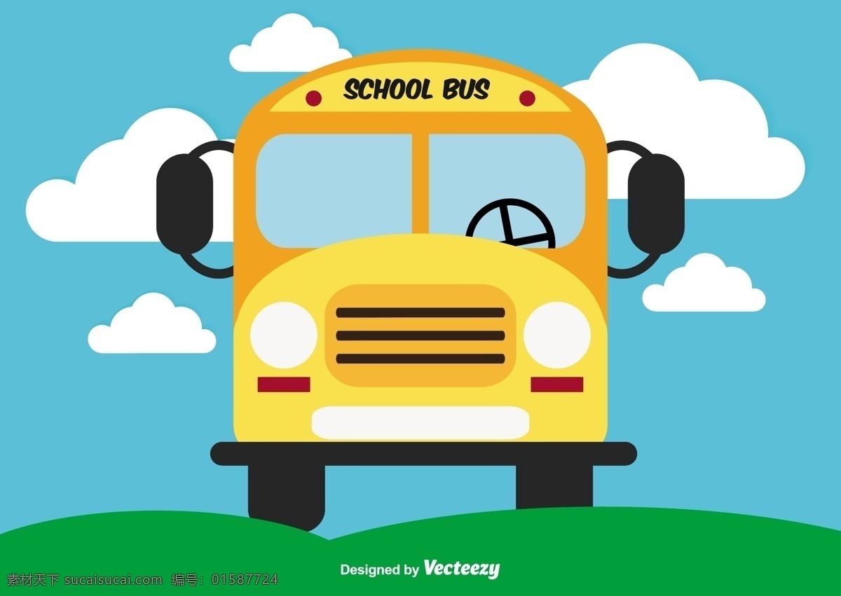 可爱 校车 矢量 插画 巴士 学校 学期 教育 背景 可爱的校车 校车背景 草 云 蓝 蓝天 回学校 户外 场景 校车现场 校车壁纸 黄色校车 经典校车