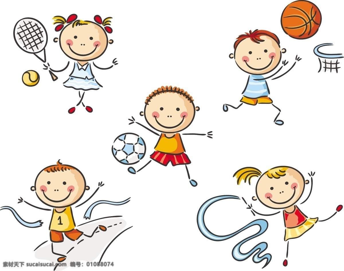 体育运动 卡通 儿童 漫画 网球 足球 篮球 跑步 艺术体操 卡通男孩 小男孩 卡通女孩 小女生 小学生 小孩子 卡通儿童插画 人物插图 矢量人物 矢量素材