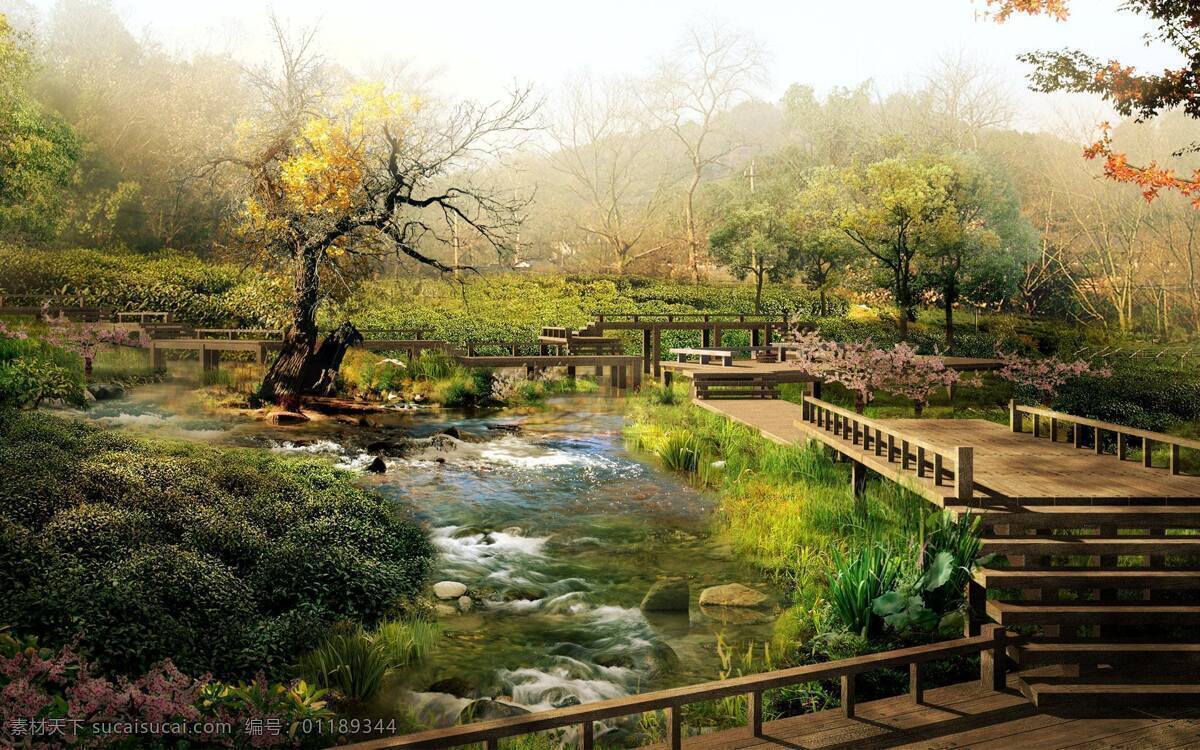 风景画 枯树 流水 山水风景 小桥 小溪 家居装饰素材 山水风景画