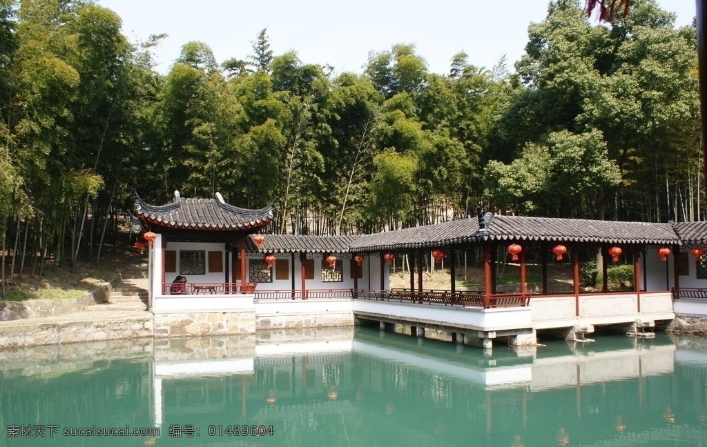 苏州 天池 山 走廊 天池山 园林 竹林 水面 灯笼 亭子 自然风景 自然景观