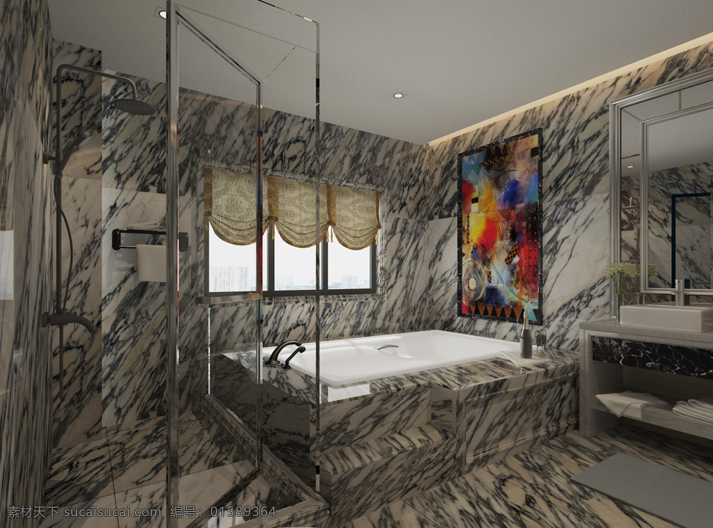 欧式 别墅 卫生间 效果图 别墅卫生间 浴缸 洗手台 模型 max 3dsmax 家装 3d设计 室内模型 室内效果图 环境设计 室内设计 灰色