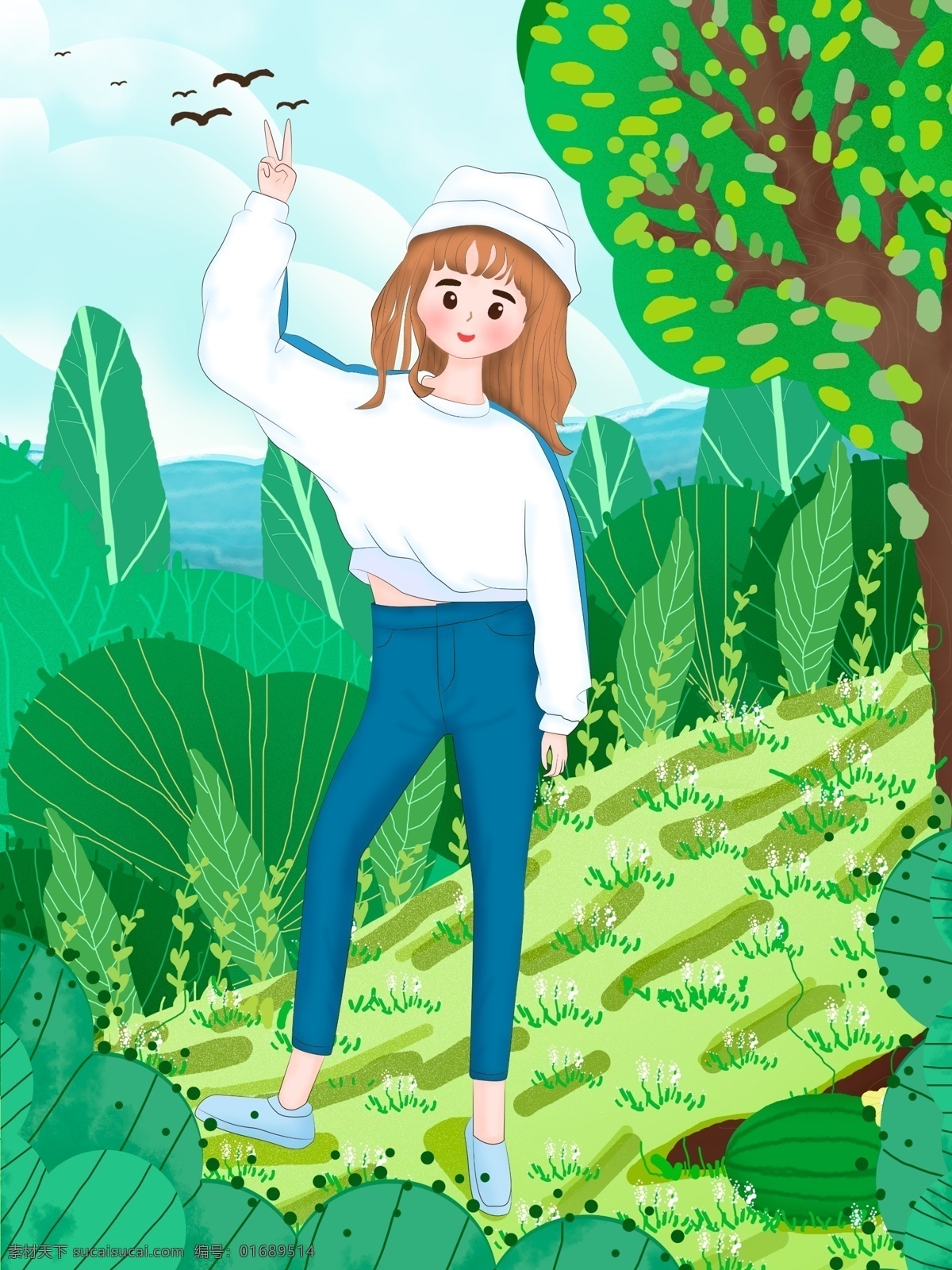 立夏 树下 拍照 女孩 扁平 风 插画 夏天 热 暑 树木 绿地 植物 蓝天 白云 炎热 晴空 酷暑 西瓜 白花 花 美女